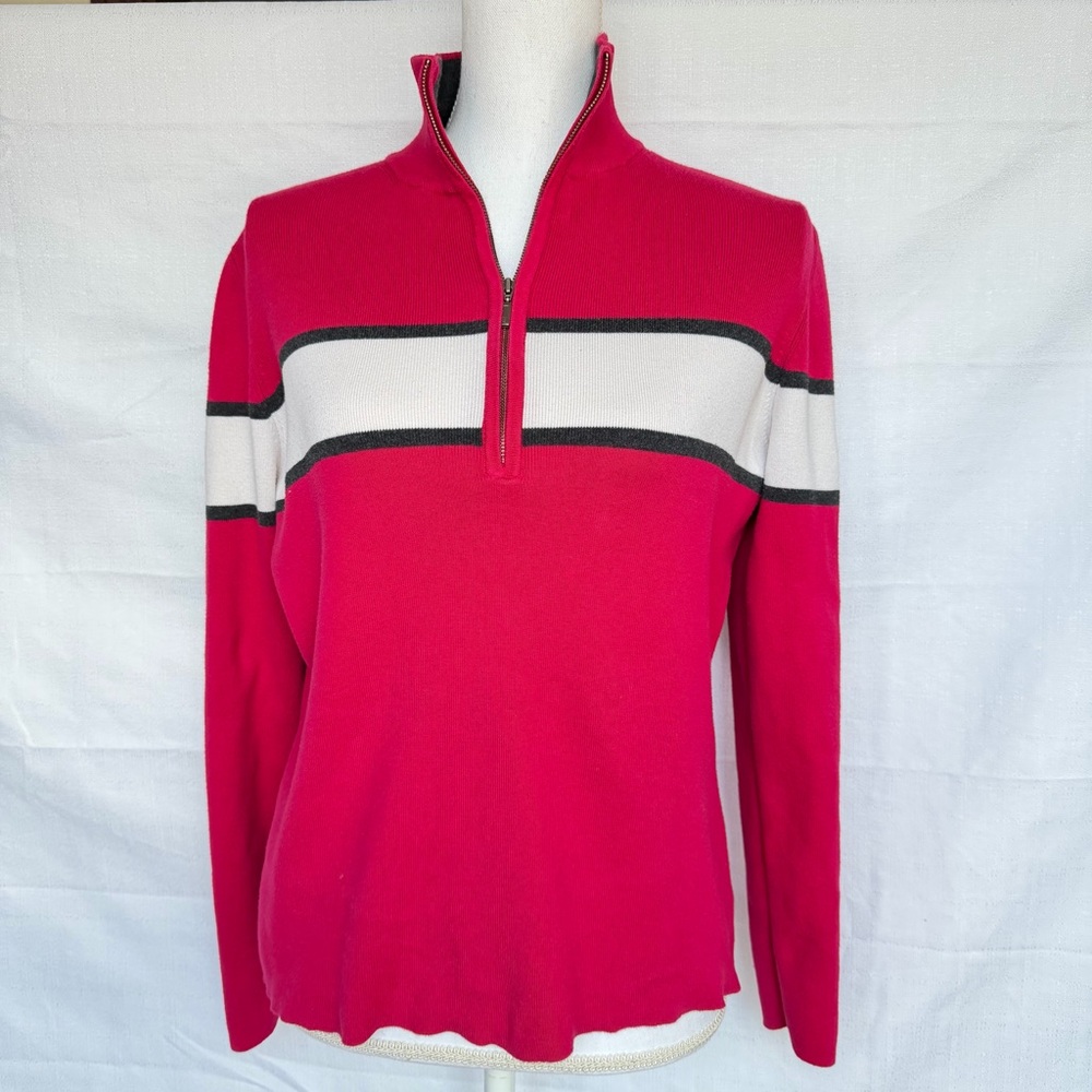 Eddie Bauer Womens 1/4 Zip Pullover Pink Colorblock Stripe Long Sleeve Top Sz L
